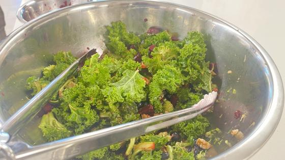 Kale salad and salmon with blueberry vinaigrette