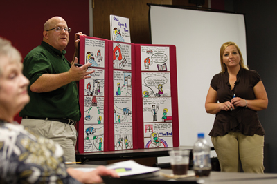 At a recent meeting, Dennis Presley and Tracey Johnson of MedTrans draw storyboards to help hospital administrators visualize the idea process.